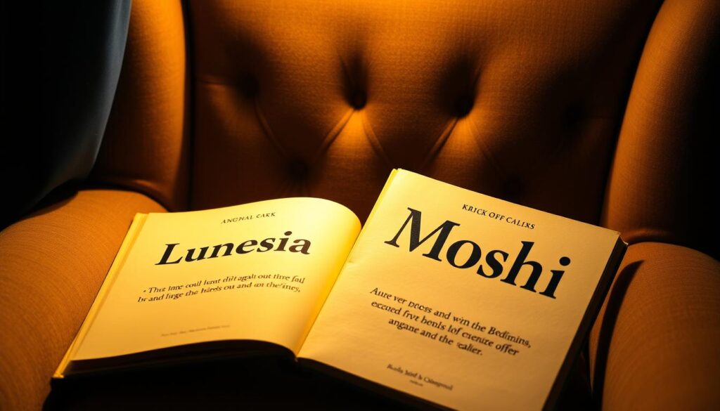 Two bedtime story books, one labeled "Lunesia" and the other "Moshi", lie open on a cozy, tufted armchair in a dimly lit room. Soft, golden task lighting illuminates the pages, casting a warm, inviting glow. Plush, navy blue velvet curtains frame the scene, hinting at a tranquil, relaxing atmosphere. The books are slightly worn, suggesting they have been well-loved and cherished. Subtle shadows create depth and dimension, highlighting the tactile, tangible nature of the physical books. The overall mood is one of calm, comfort, and the peaceful ritual of bedtime storytelling.