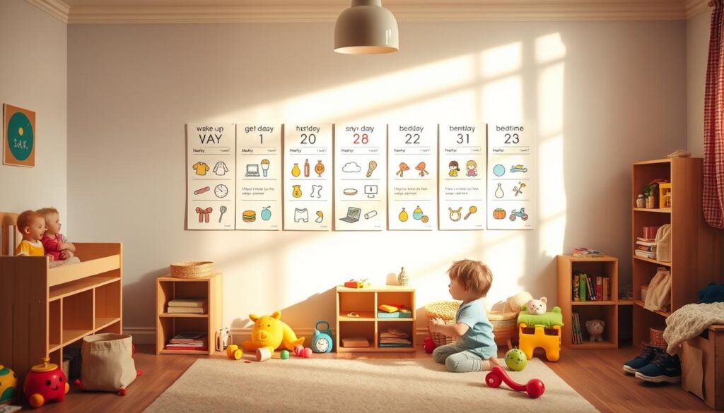 A bright, cheerful nursery with a colorful wall display showcasing visual schedules for toddlers. The schedules feature simple icons and step-by-step illustrations depicting daily activities like waking up, getting dressed, eating, playing, and bedtime. The schedules are arranged at a toddler's eye level, inviting them to engage and follow along. Warm, diffused lighting illuminates the scene, creating a welcoming and nurturing atmosphere. The room is filled with age-appropriate toys, books, and textures that encourage tactile exploration. The overall composition conveys a sense of structure, routine, and active toddler involvement in their daily lives.