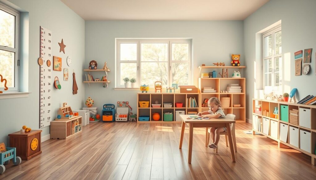 A bright, cheerful room with a wooden floor and pastel-colored walls. In the foreground, a young child sitting at a small table, intently focused on a colorful wooden puzzle. Beside them, a growth chart on the wall, meticulously marked with the child's progress over time. The middle ground features various educational toys, books, and art supplies neatly arranged on shelves, creating a stimulating learning environment. In the background, large windows allow natural light to flood the space, casting a warm, inviting glow. The overall mood is one of nurturing, growth, and a sense of wonder as the child's developmental journey unfolds.