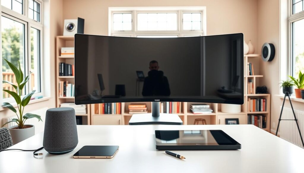 A bright, tech-savvy home office with a sleek, modern desk and a large, curved ultrawide monitor. The room is filled with natural light from large windows, creating a warm and inviting atmosphere. In the foreground, a smart speaker and wireless charging pad sit on the desk, while a tablet and stylus are within easy reach. The middle ground features bookshelves filled with tech-related books and magazines, as well as a small indoor plant adding a touch of nature. The background showcases smart home devices like a voice-controlled thermostat and a network router, all seamlessly integrated into the decor. The overall scene conveys a sense of productivity, innovation, and a tech-positive environment suitable for young children to explore and learn.