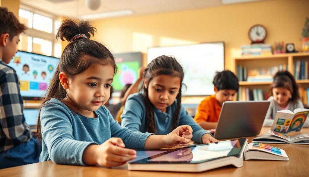 A bright, vibrant classroom setting with a group of diverse, engaged children exploring digital devices and learning materials. The foreground features a young girl intently focused on a tablet, her eyes sparkling with curiosity. In the middle ground, other children work collaboratively on laptops, sharing ideas and problem-solving. The background showcases an interactive whiteboard displaying educational visuals and a bookshelf filled with engaging STEM-focused books. Warm, natural lighting filters in through large windows, creating a welcoming and stimulating learning environment. The overall scene conveys a sense of wonder, discovery, and the importance of cultivating digital literacy from an early age.
