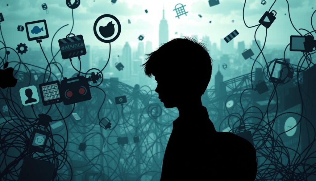 A bustling digital landscape, where children navigate a maze of online challenges. In the foreground, icons representing social media, internet safety, and cyberbullying float ominously, casting shadows over a child's silhouette. The middle ground features a tangle of wires and technological devices, symbolizing the connectivity and complexity of the digital world. In the background, a serene but distorted cityscape reflects the juxtaposition of the online and offline realms. Soft, diffused lighting casts an air of uncertainty, while a slightly unsettling color palette suggests the fragility of digital well-being. This scene captures the common digital challenges facing kids in the modern, technology-driven world.