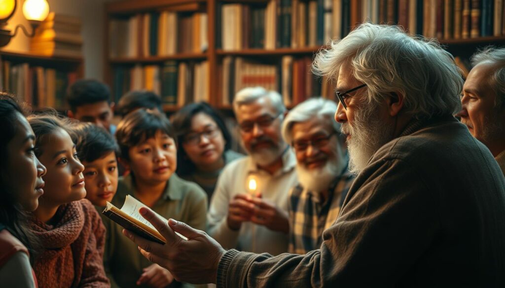 A captivating scene of a seasoned storyteller enthralling a diverse audience with a tale of life's lessons. The warm, soft lighting casts a cozy glow, drawing the viewer into the intimate gathering. In the foreground, the storyteller, eyes alight with passion, gestures expressively, weaving a tapestry of wisdom and experience. The audience, ranging from young to old, lean in, their faces rapt with attention, eager to glean the timeless insights the story offers. The background depicts a cozy, book-lined room, hinting at the wealth of knowledge and stories that surround them, a metaphor for the transformative power of narrative. An atmosphere of wonder, contemplation, and the universal human thirst for learning permeates the scene.