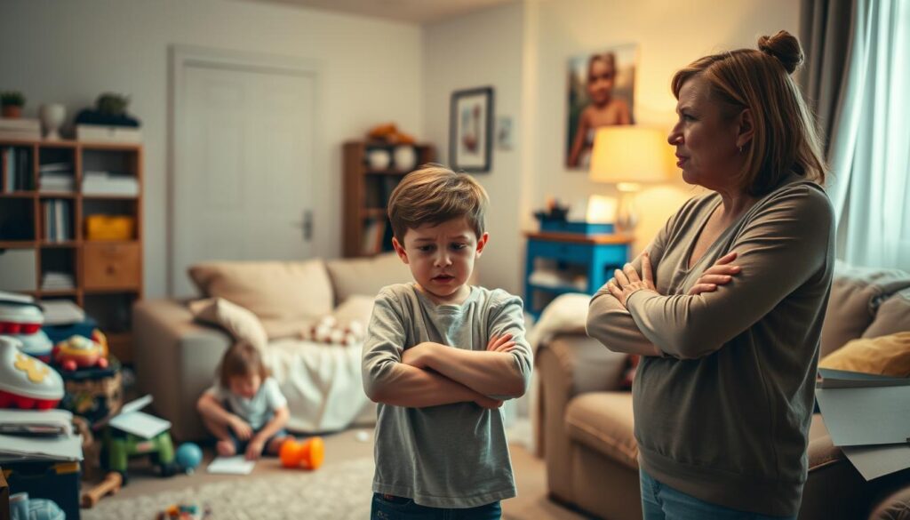 A chaotic family scene unfolds in a cozy living room, capturing the common challenges parents face in fostering independence. In the foreground, a child stubbornly resists bedtime, arms crossed in defiance, while a weary parent pleads for cooperation. The middle ground reveals a younger sibling playing nearby, oblivious to the tension. Soft, warm lighting bathes the scene, adding to the sense of domestic unease. In the background, piles of toys and abandoned homework hint at the constant struggle to maintain order. The overall mood is one of familiar, relatable frustration, a snapshot of the delicate balance between guiding and empowering young minds.