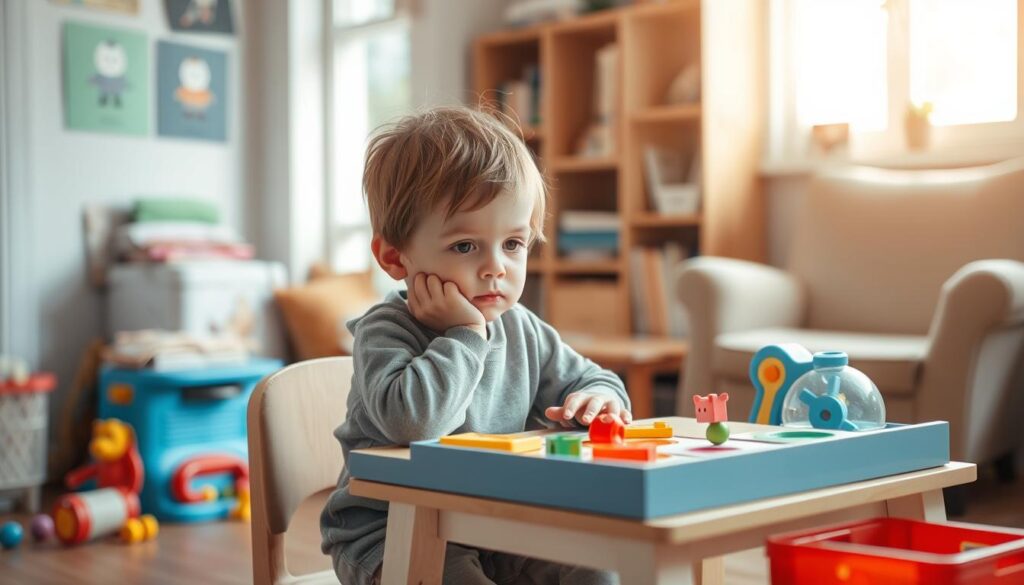 A child sitting at a small table, pondering a decision while surrounded by various toys and educational materials. Soft, natural lighting filters through a nearby window, casting a gentle glow on the scene. The child's expression is one of thoughtful concentration, their brow furrowed as they weigh their options. The background is a cozy, inviting room, with bookshelves and a comfortable chair, suggesting a nurturing, supportive environment. The overall atmosphere is one of calm, mindfulness, and the empowerment of a young mind exploring its decision-making abilities.