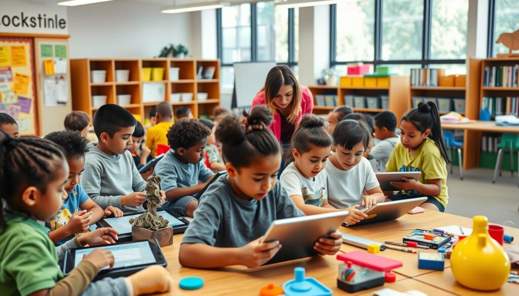 A classroom filled with diverse students engaged in personalized learning activities. The foreground shows a group of children working on interactive tablets, with vibrant educational displays and learning aids scattered around the room. In the middle ground, a teacher guides a small group through a hands-on STEM experiment, tailoring the lesson to their unique needs. The background depicts a modern, well-equipped classroom with large windows that let in natural light, creating a warm and inviting atmosphere conducive to focused learning. The overall scene conveys a sense of dynamic, innovative teaching methods that empower each student to reach their full potential.