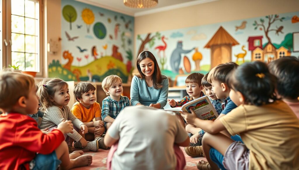 A classroom setting with young students engaged in interactive storytelling. The foreground depicts a group of children sitting in a circle, faces animated with curiosity and concentration as they collaboratively weave a narrative. The middle ground showcases a teacher guiding the process, encouraging critical thinking through probing questions and facilitating discussion. The background features a colorful, imaginative mural on the walls, inspiring creativity and problem-solving. Warm lighting filters through large windows, creating a cozy, inviting atmosphere. The scene conveys a sense of dynamic, engaged learning where critical thinking skills are organically developed through the power of interactive narratives.