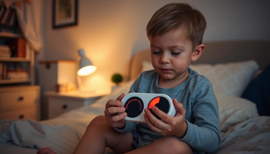 A cozy bedroom at bedtime, with a child sitting on a bed, intently focused on a Time Timer device in their hands. The room is softly lit, creating a warm and calming atmosphere. The Time Timer's red disk gradually decreases, visually representing the passing of time. The child's expression is one of engagement, as they use this tool to manage their bedtime routine. The background features subtle hints of the bedroom, such as a nightstand, a bookshelf, and soft textiles, all contributing to the peaceful, sleep-inducing ambiance.