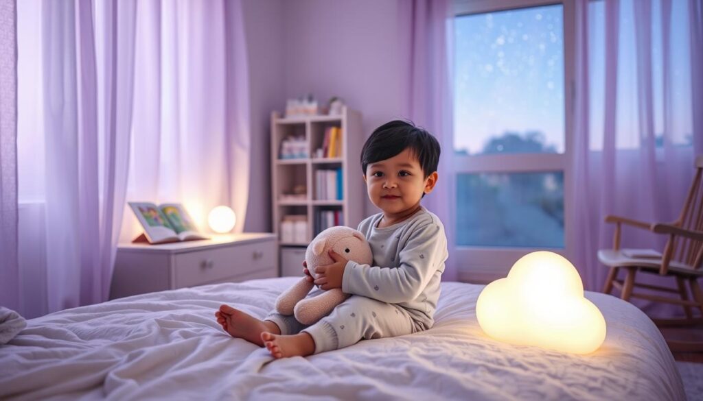A cozy bedroom at dusk, with soft lavender lighting filtering through sheer curtains. In the foreground, a child in pajamas sits on the edge of a plush bed, holding a cuddly Lunesia character. The child's face is serene, reflecting the calming presence of the Lunesia toy. In the middle ground, a nightstand with a storybook and a glowing, cloud-shaped nightlight casts a gentle glow. The background features a bookshelf, a rocking chair, and a window overlooking a starry night sky, creating a tranquil, dreamlike atmosphere. The scene conveys a sense of comfort, security, and the gentle transition from playtime to bedtime with the help of the beloved Lunesia companion.