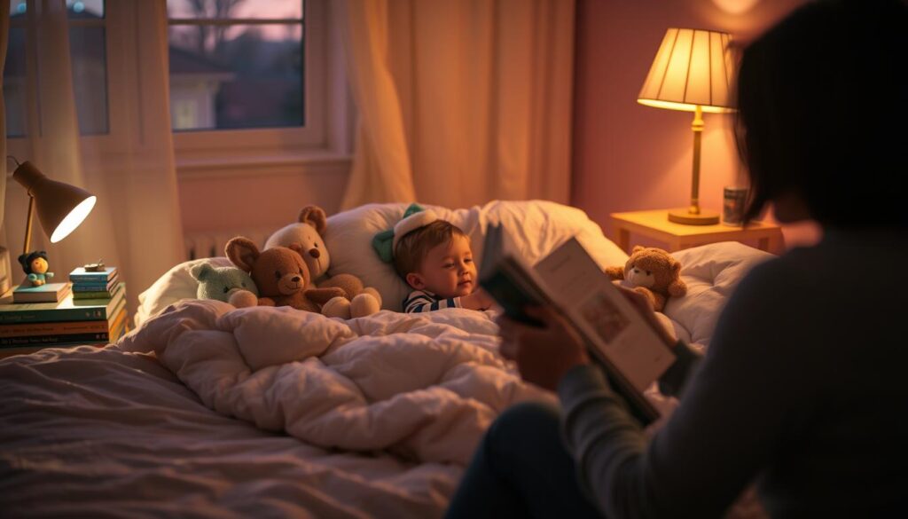 A cozy bedroom at twilight, a young child tucked snugly into a plush, cloud-like bed, surrounded by a selection of beloved stuffed animals and a stack of storybooks. Warm, soft lighting spills in from a bedside lamp, casting a gentle glow on the scene. In the foreground, a parent or caregiver sits close by, engaged in a tender bedtime ritual - perhaps reading aloud from one of the books or speaking in a soothing, lulling tone. The atmosphere is one of tranquility, comfort, and the special connection between parent and child as the day winds down and it's time to drift off to sleep.