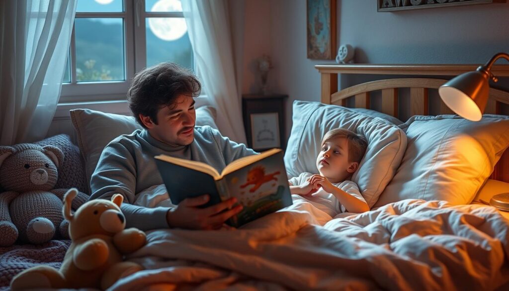A cozy bedroom filled with a soft glow, a young child snuggled in bed as a caring parent sits beside them, an open book in hand. The parent's expression is warm and soothing, their voice gentle as they weave a tale of wonder and imagination. Moonlight filters through the window, casting a serene atmosphere. Plush toys, pillows, and a well-worn quilt create a comforting backdrop, inviting the viewer to join in the peaceful moment of storytelling. The scene captures the timeless ritual of a parent sharing the magic of a bedtime story, fostering a sense of security and connection.