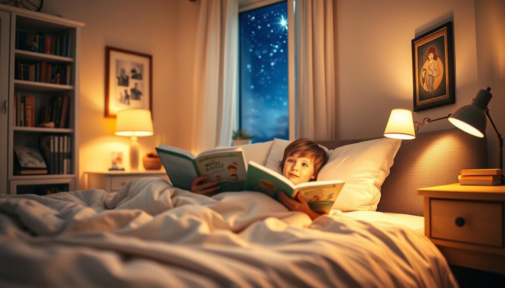 A cozy bedroom interior with warm, soft lighting. In the foreground, a young child snuggled up in bed, eyes bright with wonder as a parent, sitting beside them, reads aloud from a storybook. Plush bedding, pillows, and a nightstand with a reading lamp create a comforting, intimate atmosphere. The background features bookshelves, framed artwork, and a window offering a glimpse of a starry night sky, evoking a sense of tranquility and magic. The scene conveys the special, quality time shared between parent and child during their quick yet effective bedtime story routine.