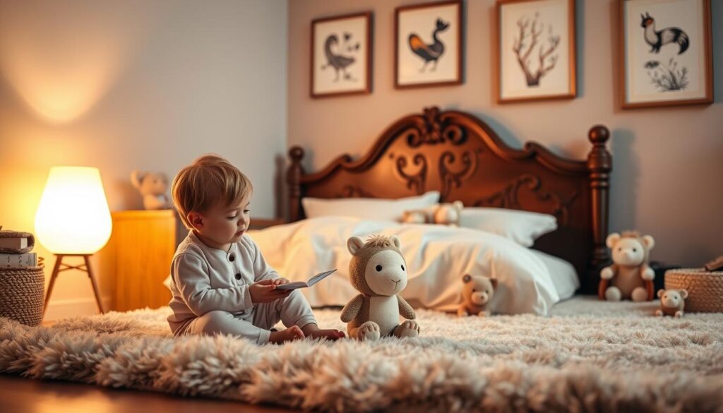 A cozy bedroom scene showcases a young child's bedtime routine with Lunesia, the whimsical bedtime companion. In the foreground, a child sits on a plush rug, dressed in soft pajamas, engaged with a Lunesia plush toy. Warm, gentle lighting from a nearby bedside lamp casts a soothing glow. In the middle ground, a wooden bed frame with intricate carvings supports crisp, white bedding, where additional Lunesia figurines are scattered. The background features a wall adorned with framed nature illustrations, evoking a serene, dreamlike atmosphere. The overall scene exudes a sense of comfort, wonder, and the magic of a child's bedtime ritual with their Lunesia friend.