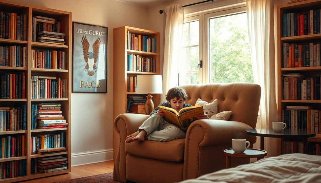 A cozy bedroom scene with a plush armchair positioned near a large window, bathed in soft, warm lighting. On the chair, a parent is engrossed in a storybook, their child snuggled up beside them, eyes sparkling with wonder. Bookshelves line the walls, filled with a diverse collection of titles. A small side table holds a steaming mug of tea, hinting at the tranquil, unhurried atmosphere. The room exudes a sense of comfort and togetherness, encouraging the viewer to imagine the joy and bonding that can come from shared bedtime reading.