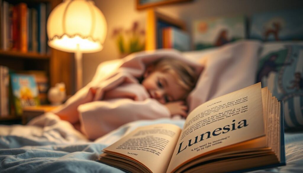 A cozy bedroom scene with a small child snuggled under a soft blanket, surrounded by a bookshelf filled with colorful storybooks. Soft, warm lighting emanates from a bedside lamp, creating a calming, dreamlike atmosphere. In the foreground, a well-worn book with the title "Lunesia" is open, its pages seemingly come to life, inviting the child to immerse themselves in the magical world of Lunesia. The background is hazy, with hints of whimsical landscapes and fantastical creatures peeking through, suggesting the boundless imagination and wonder of the stories within.