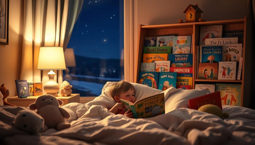 A cozy bedroom scene with a young child snuggled in bed, surrounded by a collection of whimsical, age-appropriate storybooks. Soft, warm lighting from a bedside lamp casts a gentle glow, creating a soothing, calming atmosphere. In the foreground, plush toys and pillows invite the child to nestle in and get lost in the tales. The middle ground features a wooden bookshelf filled with colorful, imaginative book covers, hinting at the enriching stories within. In the background, a large window overlooks a serene nighttime landscape, adding to the tranquil, dreamlike ambiance. The overall composition conveys a sense of comfort, security, and the joy of exploring captivating bedtime stories.