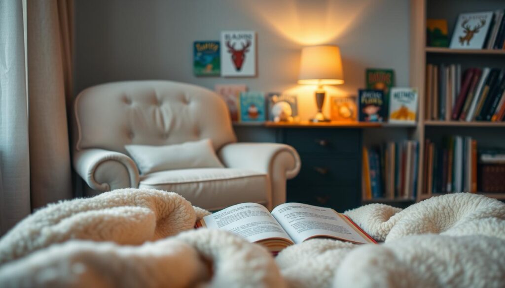 A cozy bedroom with a plush armchair and a soft, oversized blanket in the foreground. In the middle ground, an open book rests on a nightstand, its pages illuminated by the warm glow of a table lamp. In the background, bookshelves line the walls, filled with a variety of children's storybooks. The lighting is soft and inviting, creating a serene and comforting atmosphere. The overall scene conveys a sense of tranquility and the perfect setting for an engaging, imaginative bedtime story.