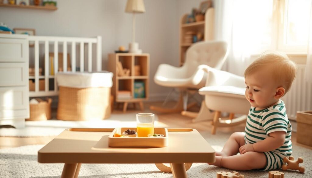 A cozy, brightly lit nursery scene with a toddler going through their daily routines. In the foreground, the toddler is sitting on the floor, playing with wooden toys. Soft, diffused lighting illuminates their features and the toys, creating a warm, inviting atmosphere. In the middle ground, a low wooden table holds a tray with healthy snacks and a sippy cup, reflecting the importance of structured mealtimes. In the background, a plush rocking chair and a bookshelf filled with children's books suggest the calming presence of reading and soothing activities. The overall scene conveys a sense of structure, care, and nurturing essential for toddler development and happiness.