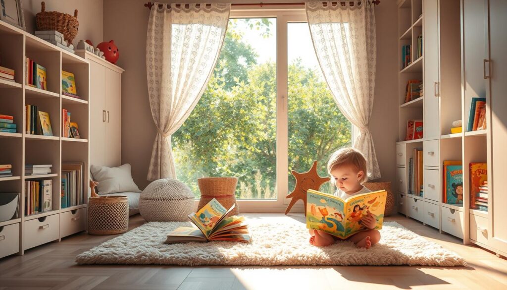 A cozy children's bedroom, sun-dappled and inviting. In the foreground, a young child sits cross-legged on a plush rug, engrossed in a book with a vibrant, interactive cover. Shelves line the walls, brimming with colorful storybooks, each promising a new adventure. Soft, warm lighting filters through lacy curtains, casting a dreamlike glow. In the background, a large window offers a glimpse of a lush, verdant garden, hinting at the boundless worlds waiting to be explored. The atmosphere is one of whimsy, curiosity, and the boundless potential of the imagination.