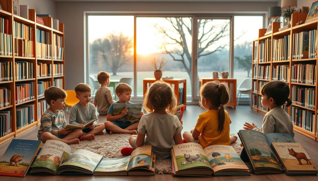 A cozy children's library, bookshelves lining the walls, soft lighting casting a warm glow. In the foreground, a group of young children, ages 5-10, sitting cross-legged on a plush rug, listening intently as a teacher or librarian reads from a storybook, their faces rapt with attention. Colorful illustrations depict fantastical scenes, hinting at the imaginative narratives within. The middle ground showcases a selection of children's books, covers emblazoned with soothing, pastoral imagery, ready to transport the young readers to worlds of comfort and reassurance. In the background, a large window overlooks a peaceful outdoor scene, the setting sun casting a golden-hued ambiance, conveying a sense of tranquility and serenity.
