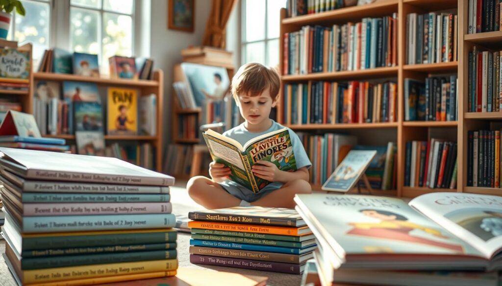A cozy children's library, sunlight filtering through the windows, casting a warm glow on a carefully curated collection of hardback books. In the foreground, a stack of storybooks with thoughtful, emotive covers, hinting at their ability to tackle difficult topics. Centered, a young child sits cross-legged, engrossed in a volume, their expression pensive yet hopeful. Surrounding them, a diverse array of book spines, their titles and illustrations suggesting themes of grief, identity, and social challenges. The atmosphere is one of comfort, curiosity, and the power of storytelling to guide young minds through complex emotions and experiences.