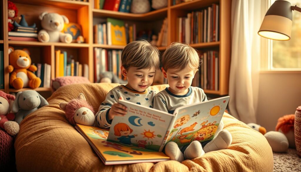 A cozy children's reading nook, brimming with interactive storybooks and plush toys. Soft, warm lighting illuminates a pair of shy, curious children sitting on a beanbag, engrossed in a vibrant, tactile tale. Whimsical illustrations and textures leap off the pages, inviting the kids to explore and engage. In the background, a bookshelf overflows with enchanting stories, hinting at the boundless possibilities for self-expression. The scene exudes a sense of comfort, wonder, and the transformative power of interactive narratives to unlock the shy child's inner world.