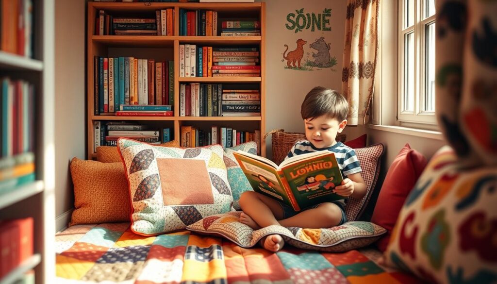 A cozy children's reading nook with plush pillows and a colorful patchwork quilt, surrounded by a bookshelf filled with classic storybooks. A young child, their face filled with wonder, sits cross-legged on the quilt, immersed in a beloved tale. Warm, natural lighting filters through a nearby window, casting a gentle glow on the scene. The room exudes a sense of comfort and familiarity, inviting the viewer to imagine the child happily revisiting their favorite stories time and time again.