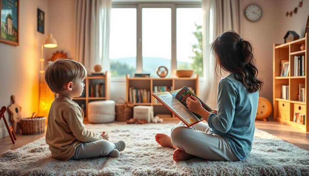 A cozy children's room with soft lighting and a warm, comforting ambiance. In the foreground, a young child sits cross-legged on a plush rug, listening intently to an adult reading from a storybook. The middle ground features a bookshelf filled with colorful, illustrated volumes, while the background showcases a large window overlooking a tranquil, natural landscape. The scene exudes a sense of security, wonder, and focus, capturing the essence of calming narratives that boost concentration in children.
