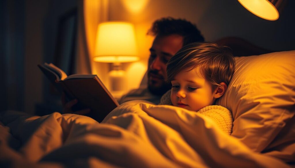 A cozy, dimly lit bedroom scene. In the foreground, a young child snuggled in soft bedding, listening intently as a parent or caregiver reads aloud from a storybook. Warm, golden lighting from a bedside lamp casts a gentle glow, creating a soothing, peaceful atmosphere. The child's expression is calm and relaxed, their features softened by the low lighting. In the middle ground, the parent's face is also visible, their gaze affectionate as they read the calming tale. The background is slightly blurred, suggesting a tranquil, private moment. The overall mood is one of comfort, connection, and the power of storytelling to bring a child to a state of serenity.