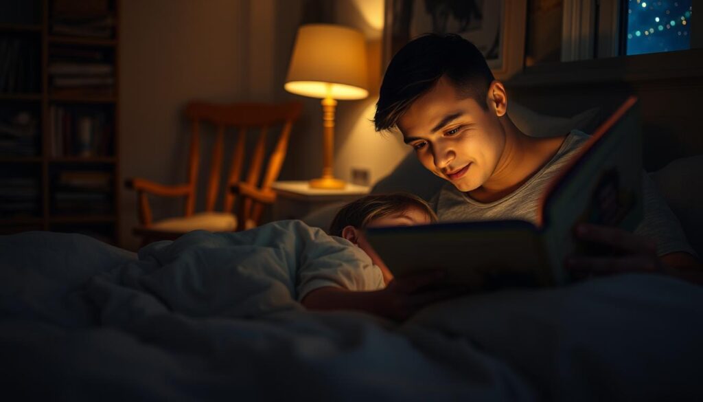 A cozy, dimly lit bedroom scene. In the foreground, a young child snuggled up in soft bedding, eyes fixed on a parent or caregiver sitting beside them, reading from an open storybook. Warm, gentle lighting glows from a nightstand lamp, casting a soothing ambiance. The background features muted, subtle details - perhaps a bookshelf, a rocking chair, or a window revealing a starry night sky. The overall atmosphere is one of tranquility, comfort, and the magical bond between storyteller and listener, inviting the viewer to feel the calming influence of this intimate bedtime ritual.