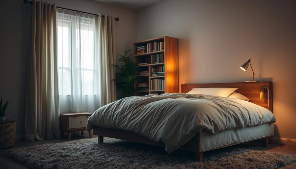 A cozy, dimly lit bedroom with soft, warm lighting filtering through sheer curtains. A plush, inviting twin-sized bed with crisp white sheets and a fluffy, gray duvet takes center stage. Beside the bed, a wooden nightstand holds a small table lamp, casting a gentle glow. In the background, a tall bookshelf filled with soothing, earth-toned books and a potted plant create a sense of tranquility. The walls are painted in a soft, neutral color, and a fluffy, beige area rug adds texture and comfort underfoot. The overall atmosphere is peaceful, calming, and conducive to restful sleep.
