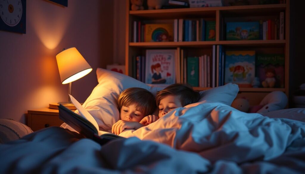 A cozy, dimly lit children's bedroom, with a bookshelf filled with whimsical storybooks in the background. In the foreground, a young child snuggled under soft, pastel-colored bedding, engrossed in a storybook, their face illuminated by the warm glow of a bedside lamp. A plush toy or two sits nearby, adding to the inviting, comfortable atmosphere. The room's walls are adorned with playful, colorful illustrations, hinting at the imaginative world of the stories within. The overall scene conveys a sense of wonder, security, and the importance of positive resolutions in children's bedtime tales.