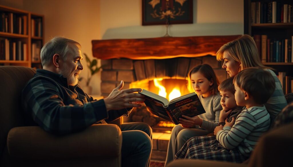 A cozy family gathered around a warm fireplace, captivated by the tales being told. A father in a comfy armchair, gesturing expressively as he regales his children and spouse with an enchanting story. The children, eyes wide with wonder, lean in closer, hanging on his every word. Soft, amber lighting casts a gentle glow, creating an intimate, inviting atmosphere. In the background, bookshelves line the walls, hinting at a lifetime of shared experiences and knowledge. This is a moment of profound connection, where the family bonds are strengthened through the timeless tradition of storytelling.