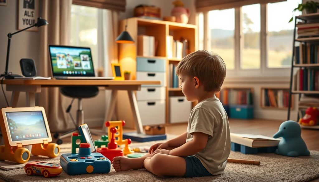 A cozy home office setting with a desk, laptop, and various digital devices representing different screen time categories. The foreground features a child sitting cross-legged on the floor, surrounded by educational toys and books, engaged in hands-on, screen-free play. The middle ground shows the desk with the laptop open, displaying age-appropriate educational content. The background depicts a bookshelf filled with children's books and a window overlooking a serene, natural landscape. The lighting is warm and inviting, creating a sense of balance and harmony between digital and non-digital activities.