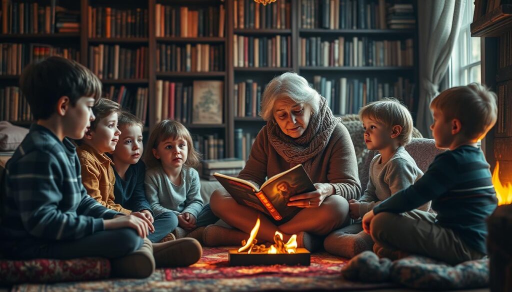 A cozy, intimate scene of children gathered around an elderly woman, their eyes wide with wonder as she captivates them with a heartfelt, hand-crafted tale. Warm firelight dances across their faces, casting a soft, inviting glow. The children sit cross-legged on plush, colorful rugs, their hands resting in their laps, completely enthralled by the woman's animated storytelling. In the background, bookshelves overflow with tomes, hinting at a wealth of stories waiting to be discovered. The atmosphere is one of tranquility, authenticity, and the timeless magic of human connection through the art of storytelling.