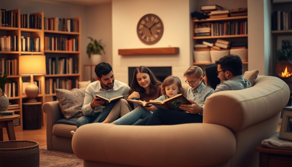 A cozy, inviting living room with warm, soft lighting. In the foreground, a family is gathered around a large, plush armchair, engaged in animated storytelling. The parents and children sit close, their faces aglow with wonder and joy as they share personal anecdotes and family history. Soft textures, muted tones, and a sense of intimacy pervade the scene, creating a serene and nostalgic atmosphere. The middle ground features bookshelves lined with well-worn volumes, hinting at the rich tapestry of stories that inspire and connect this family. In the background, a fireplace crackles, casting a gentle glow and reinforcing the sense of comfort and tradition. The overall composition conveys the beauty and importance of preserving personal narratives and passing them down through generations.