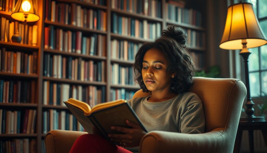 A cozy library scene with bookshelves lining the walls, a comfortable armchair in the foreground, and a glowing lamp casting a warm, inviting light. In the armchair, a person is lost in a book, their face reflecting a range of emotions - wonder, empathy, introspection. Soft, diffused lighting illuminates their features, emphasizing the connection between the reader and the story. The background is blurred, placing the focus on the profound impact of the narrative on the individual's emotional intelligence. The scene conveys the power of storytelling to nurture self-awareness, compassion, and a deeper understanding of the human experience.