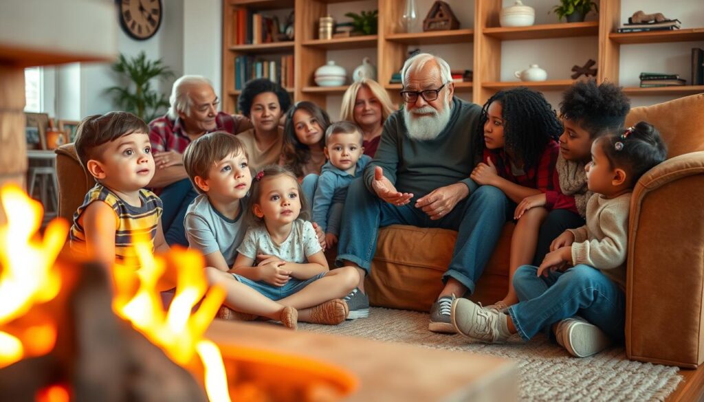 A cozy living room scene with an attentive group of people gathered around a storyteller. In the foreground, a warm-lit fireplace casts a soft glow on the faces of a young boy and girl sitting cross-legged, eyes wide with wonder. In the middle ground, a diverse group of adults and children sit together on plush, earth-toned furniture, leaning in to listen intently as the storyteller, an elderly person with a kind, weathered face, gestures expressively. In the background, bookshelves and decorative items create a sense of a lived-in, welcoming space. The overall mood is one of peaceful togetherness, emphasizing the power of storytelling to foster sharing and cooperation.