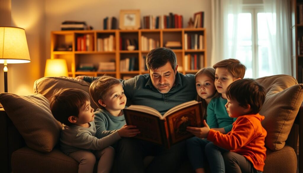 A cozy living room setting, with a family gathered around a plush sofa. A parent sits in the center, captivating their children with an animated storytelling performance. Soft, warm lighting illuminates the scene, casting a golden glow and creating an intimate, engaging atmosphere. The children's faces are rapt with attention, their eyes wide and their expressions enchanted as they listen intently to the unfolding narrative. In the background, bookshelves line the walls, suggesting a love of literature and the written word. The overall mood is one of comfort, imagination, and the joy of shared experiences.