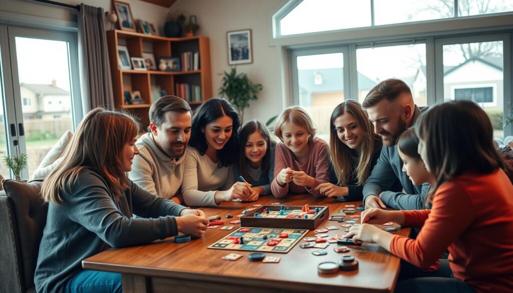A cozy living room setting with a family gathered around a wooden game table, enjoying a lively game night. In the foreground, a diverse group of parents and children lean in, focused on the game pieces and cards before them. Soft, warm lighting bathes the scene, casting a gentle glow and creating a sense of intimacy. In the middle ground, bookshelves and family photographs line the walls, hinting at the rich history and bonds within this household. The background features large windows overlooking a peaceful, suburban neighborhood, suggesting a sense of safety and community. The overall mood is one of togetherness, playfulness, and the strengthening of family ties through interactive, cognitive-stimulating activities.