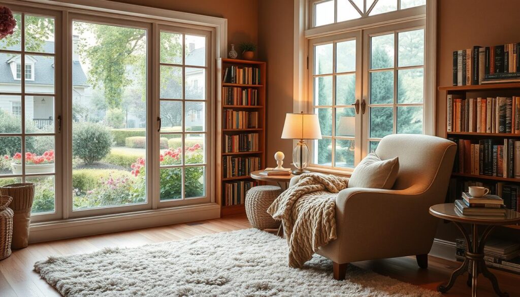 A cozy reading nook with a plush armchair and a soft, chunky knit throw in a warm, inviting color. A side table with a stylized table lamp casts a gentle glow, illuminating shelves filled with well-worn books. Large windows overlooking a picturesque garden scene, letting in soft, natural light. The floor is covered in a lush, neutral-toned area rug, and the walls are painted in a soothing, earthy tone. An atmosphere of tranquility and comfort, perfect for spending hours immersed in a captivating story.