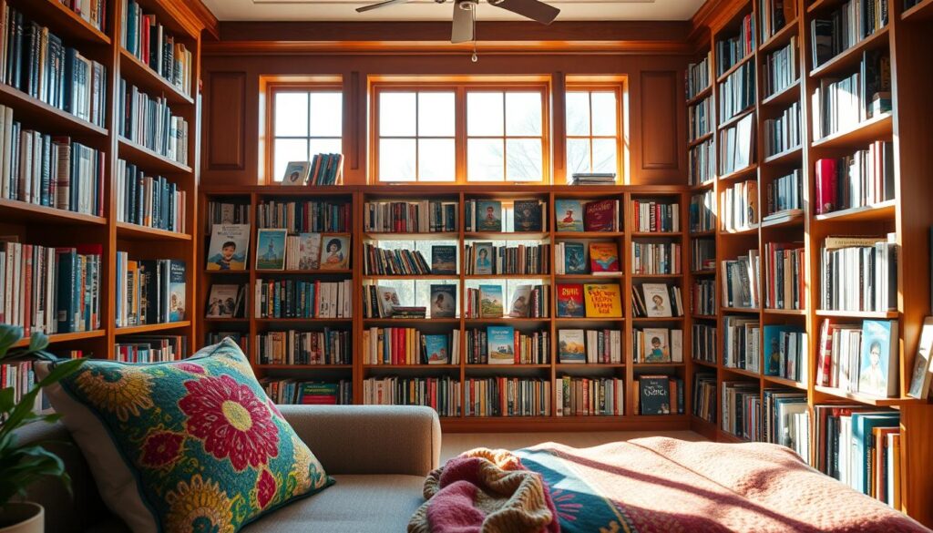 A cozy, sunlit home library with vibrant, diverse book covers lining the shelves. In the foreground, a comfortable reading nook with plush pillows and a colorful throw blanket. Mid-ground features a beautiful wooden bookcase filled with books showcasing characters and stories from around the world. The background has large windows letting in natural light, casting a warm, inviting glow throughout the space. Bookshelves stand tall, creating an atmosphere of exploration and discovery. Soft, diffused lighting illuminates the room, highlighting the rich textures and colors of the diverse collection. A sense of warmth, inclusion, and intellectual curiosity permeates the scene.