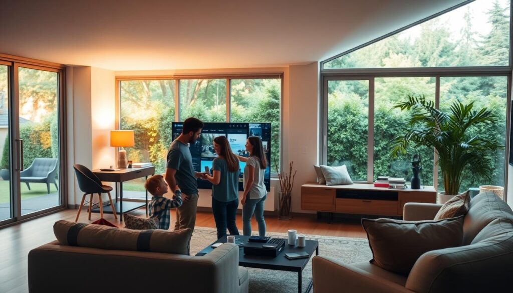 A cozy, tech-savvy living room with warm lighting and minimalist decor. In the foreground, a family gathers around a large, sleek touchscreen display, collaborating on a digital project. The middle ground features modern furniture, a floating media console, and scattered tech accessories. The background showcases large windows overlooking a lush, green backyard, bathed in soft, natural light. The atmosphere is serene, with a sense of balance between technology and the natural environment, creating a harmonious, tech-positive home space.