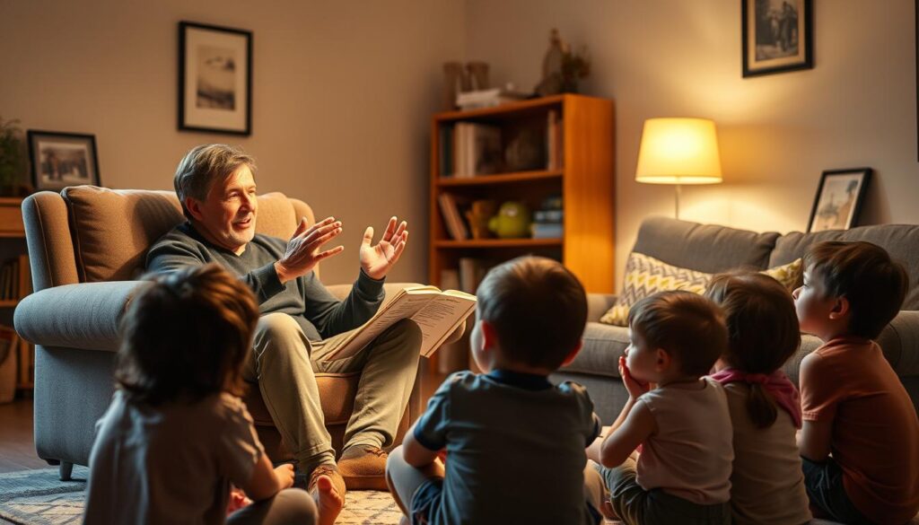 A cozy, warmly lit living room setting, with an adult figure sitting on a plush armchair, surrounded by a group of attentive children seated on the floor. The adult is leaning forward, gesturing animatedly as they share a captivating story, their expression filled with enthusiasm. The children's faces are rapt with attention, their eyes wide and their postures relaxed, fully immersed in the narrative. Soft, indirect lighting casts a gentle glow, creating a sense of intimacy and comfort. The background features muted, earthy tones, with bookshelves and a few family photos suggesting a familiar, homely atmosphere. The overall scene evokes a sense of connection, wonder, and the power of storytelling to engage and enlighten young minds.