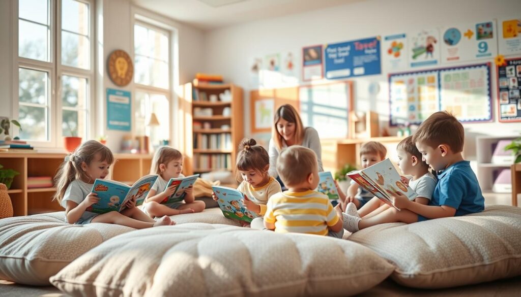 A cozy, welcoming classroom setting with an inviting reading nook. In the foreground, a group of young children sits on plush pillows, engrossed in interactive storybooks that come to life with vibrant illustrations and whimsical animations. Soft, natural lighting filters in through large windows, creating a warm, nurturing atmosphere. In the middle ground, a teacher guides the children, encouraging them to explore the stories and share their thoughts and feelings. The background features bookshelves, educational posters, and other learning materials, conveying a sense of a supportive, creativity-fostering environment.