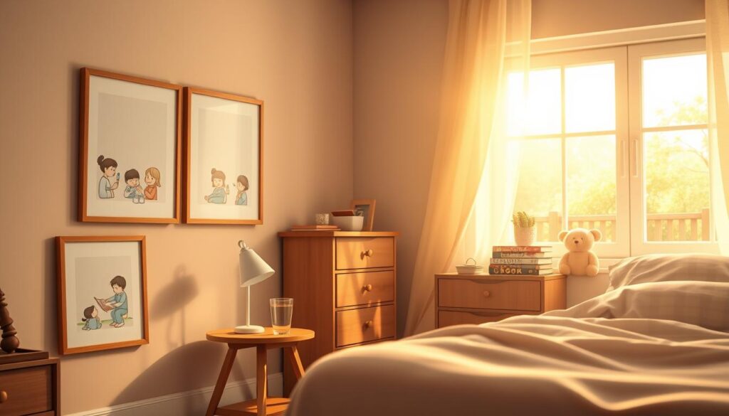 A cozy, well-lit bedroom interior with a warm, inviting atmosphere. In the foreground, a series of framed illustration panels depict a child's bedtime routine in a timeline format: bathing, brushing teeth, putting on pajamas, reading a storybook, and tucking into bed. The middle ground showcases a small, wooden bedside table with a table lamp, a glass of water, and a stack of children's books. In the background, a large window allows natural light to filter in, casting a soft, golden glow throughout the room. The overall composition conveys a sense of tranquility and security, perfect for illustrating a bedtime routine for young children.