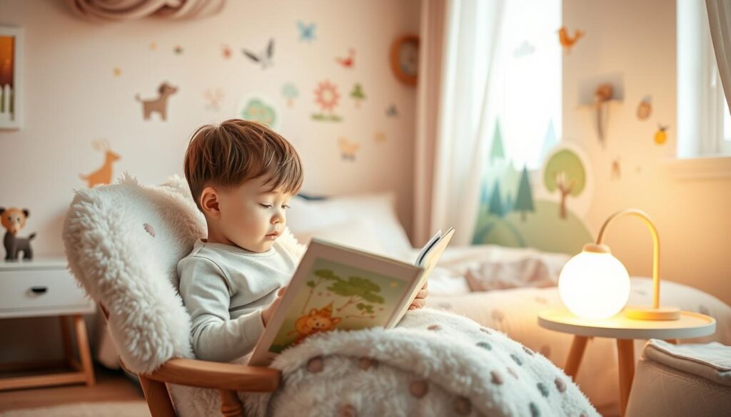 A cozy, well-lit children's bedroom with soft, pastel-colored walls and plush, cloud-like bedding. In the foreground, a young child nestled in a rocking chair, intently listening to a storybook held open in their hands. Surrounding them, gentle floating illustrations of friendly animals, enchanted forests, and whimsical landscapes, creating a soothing, imaginative atmosphere. Warm, diffused lighting from a bedside lamp casts a calming glow, inviting a sense of tranquility and wonder. The scene conveys the captivating power of storytelling to transport young minds to peaceful, dreamlike realms.