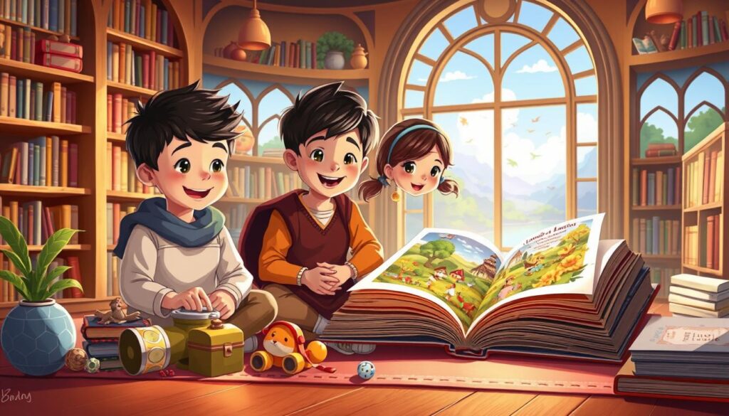 A cozy, well-lit children's book illustration depicting two young protagonists from the magical land of Lunesia. The foreground shows the two children, a boy and a girl, engaging in imaginative play with Lunesia-themed toys and props. The middle ground features an open, fantastical storybook with lush, vibrant illustrations spilling out from its pages. The background depicts a warm, inviting library setting, with bookshelves filled with Lunesia stories and a large, arched window offering a glimpse of the whimsical Lunesian landscape beyond. The overall scene conveys a sense of wonder, adventure, and the transformative power of values-based storytelling.