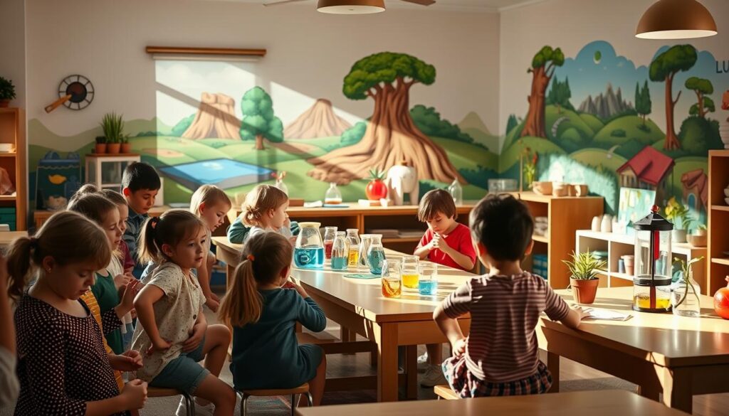 A cozy, well-lit classroom setting, filled with children engaged in various practical life activities. In the foreground, a group of kids learning to tie their shoelaces, fold their clothes, and set a table. In the middle ground, a science experiment station where children mix colorful liquids, explore magnets, and observe plant growth. In the background, a vibrant mural depicting a lush, interactive landscape, hinting at the adventurous world of Lunesia. Soft, natural lighting casts a warm glow, creating an inviting and nurturing atmosphere conducive to hands-on learning and skill development.