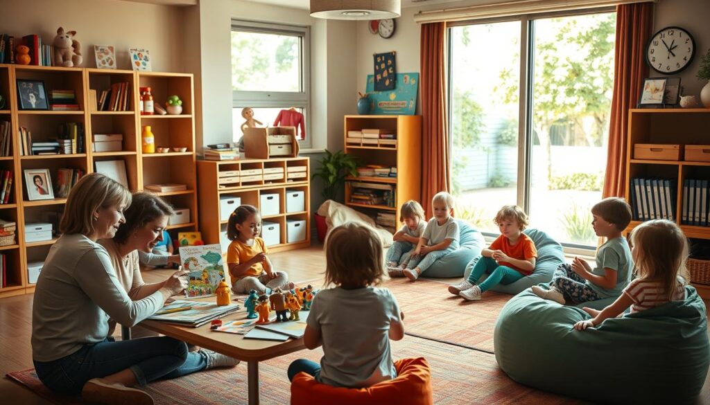 A cozy, well-lit classroom setting with a group of children engrossed in interactive storytelling activities. In the foreground, a teacher guides a small group around a low table, using colorful storybooks, puppets, and art supplies to encourage creative exploration. In the middle ground, other students sit in beanbag chairs, their faces alight with wonder as they collectively shape a narrative on a large touchscreen display. The background features bookshelves, learning aids, and a large window offering a glimpse of a lush, sun-dappled schoolyard beyond, conveying a sense of warmth, curiosity, and intellectual engagement.